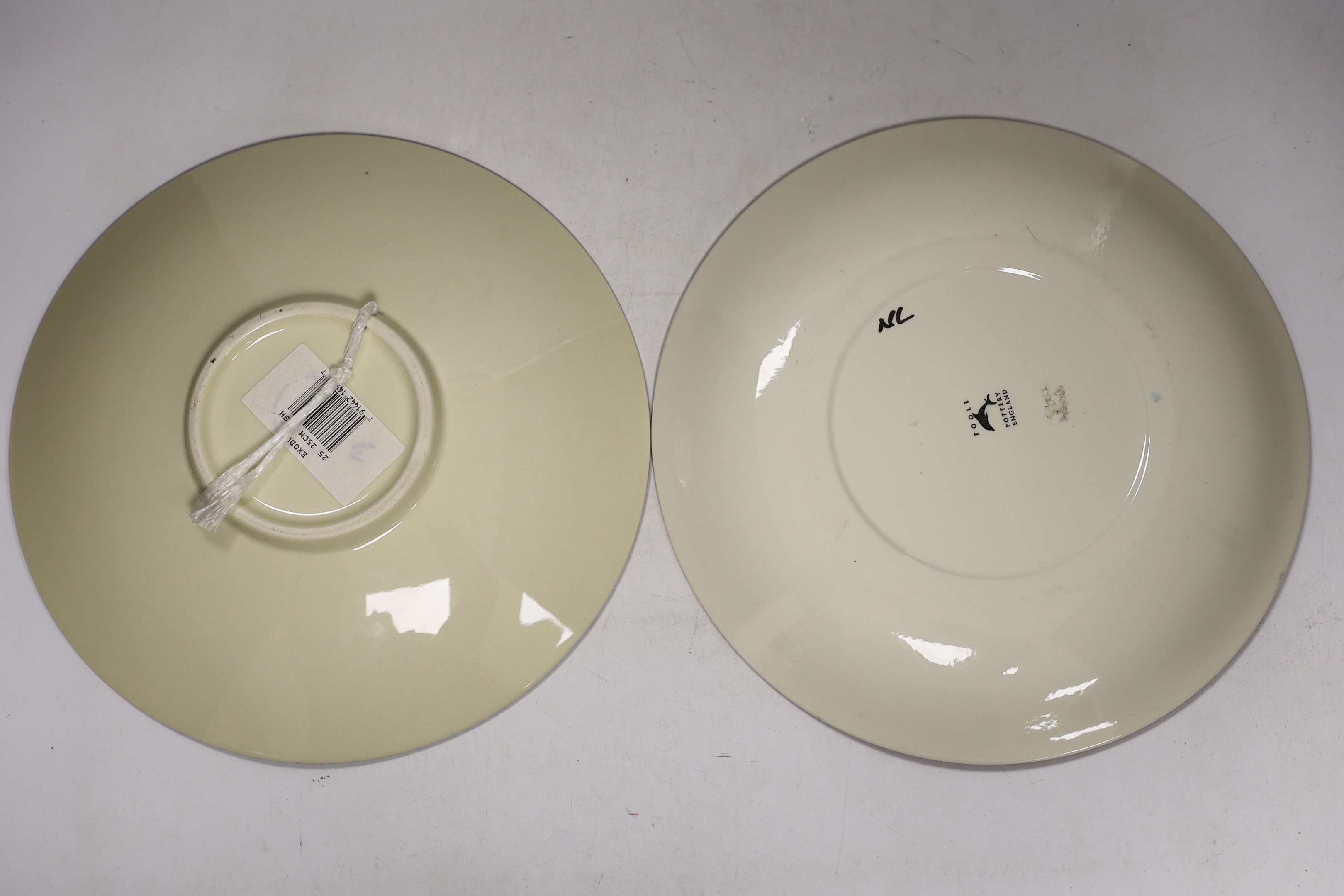Three Poole Pottery ‘Delphis’ wall plates, 25cm